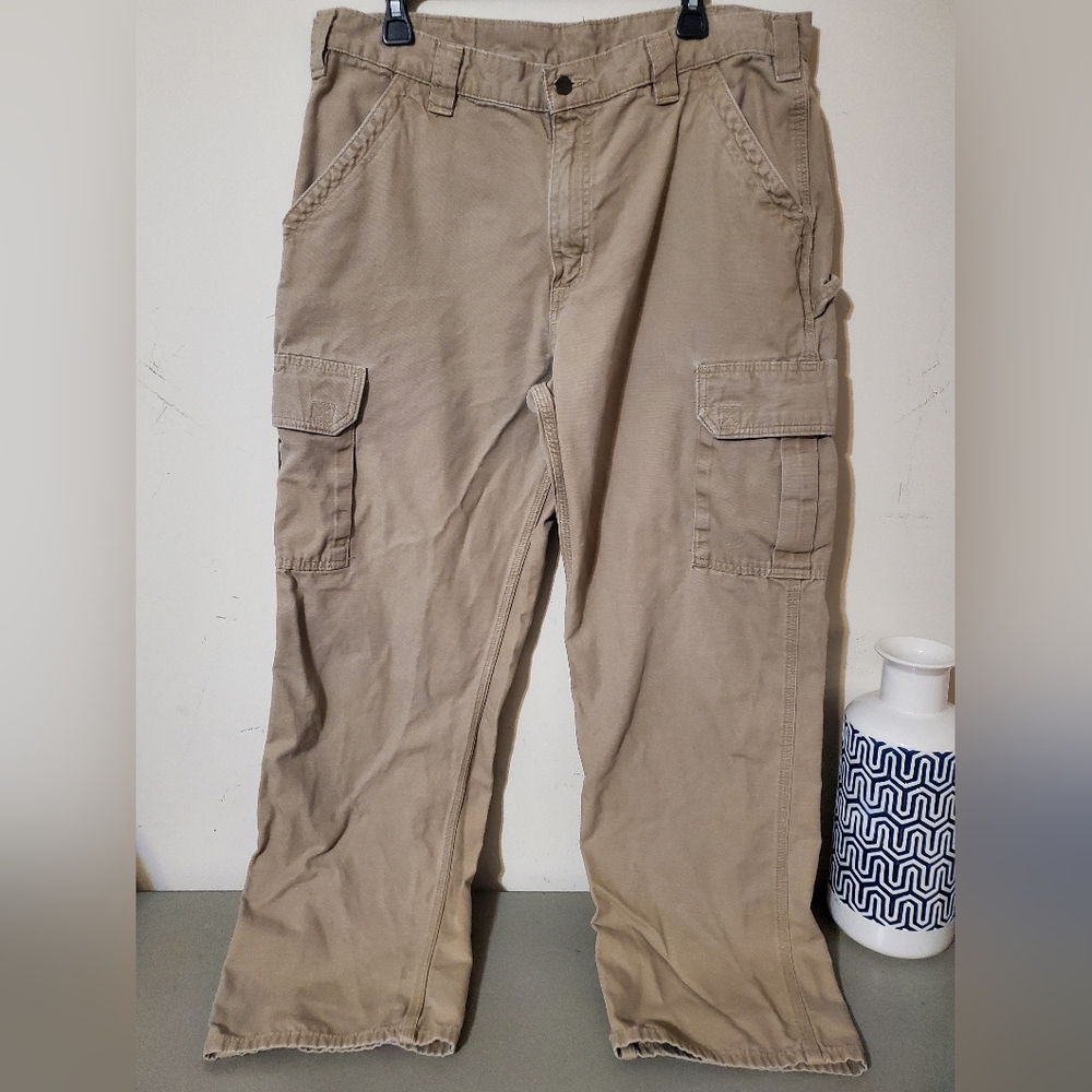 Y2k Carhartt Men's Khaki Cargo Pants B240 38×32 Natural Worn Workwear Baggy